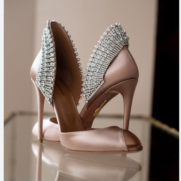 Aquazzura Shoes - Aquazzura Blush Pink Satin Crystal Embellished Peep-Toe Heels